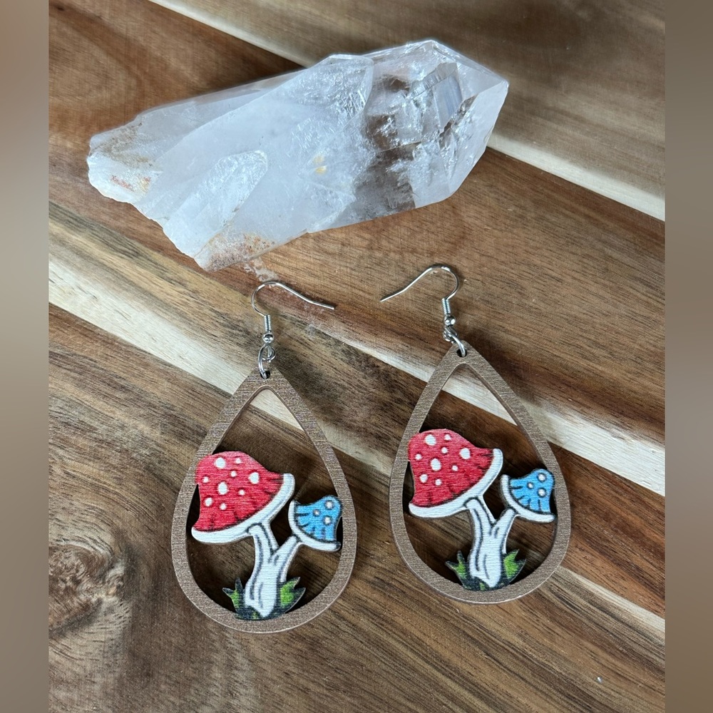 New laser cut wooden mushroom 🍄 tear drop earrings